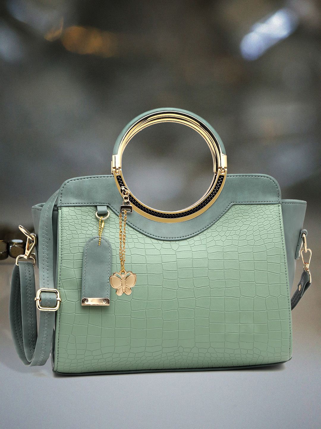 

Butterflies Colourblocked PU Structured Handheld Bag with Tasselled, Green