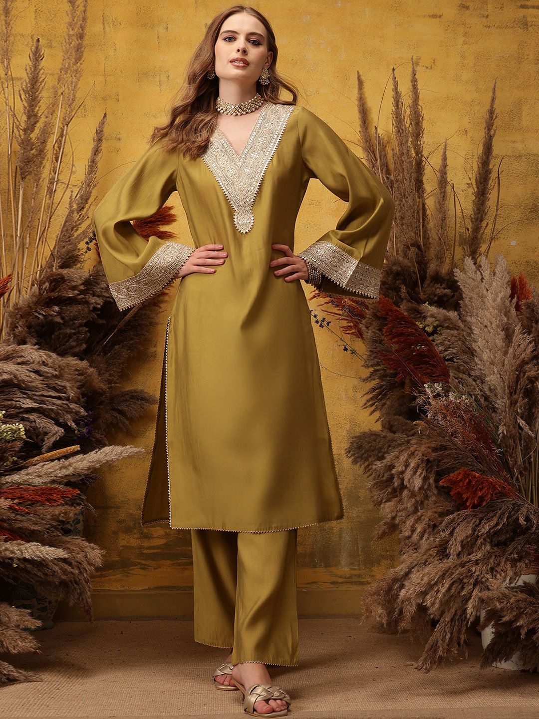 

indo street Ethnic Motifs Embroidered Gotta Patti Kurta with Palazzos, Olive