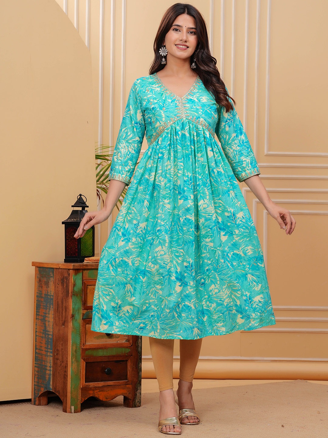 

KPF Floral Printed V Neck Sequin Embroidered Empire Anarkali Kurta, Blue