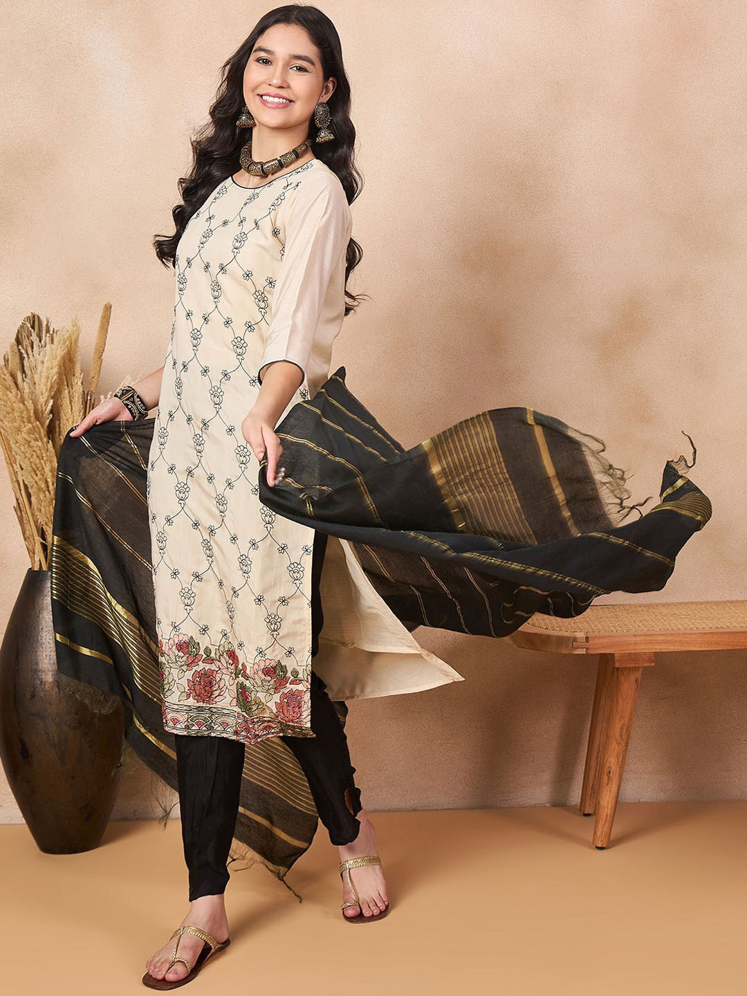 

Anouk Beige Floral Embroidered Straight Kurta With Trouser & Dupatta