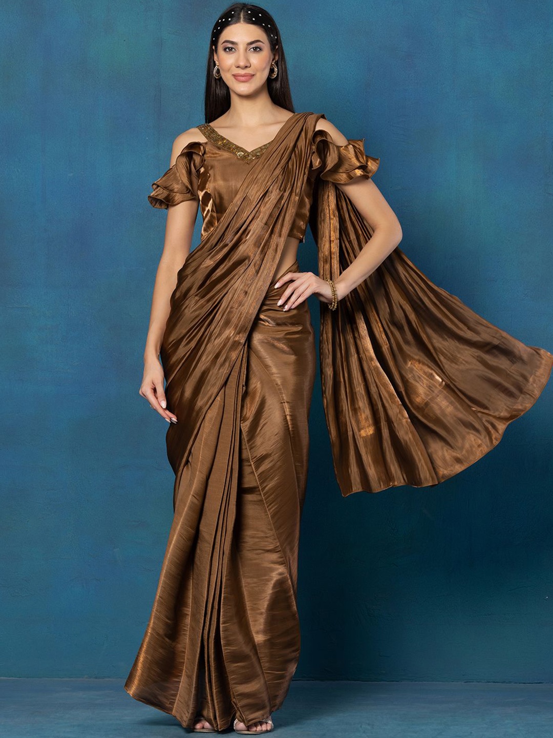 

Rang by Indya Satin Ready to Wear Saree, Brown