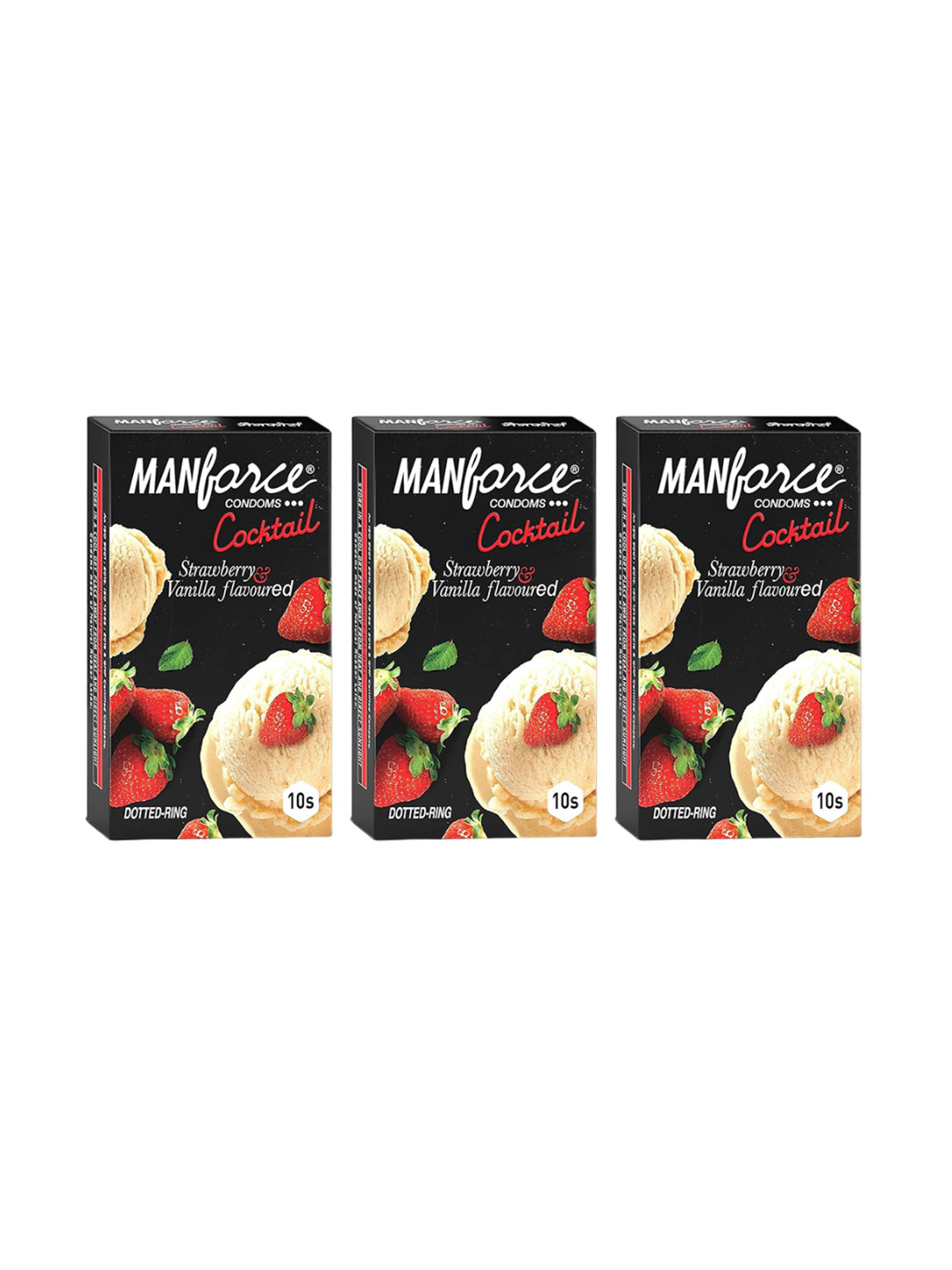 

Manforce Set Of 3 Cocktail Strawberry & Vanilla Flavored Condoms - 10Pcs Each, Black