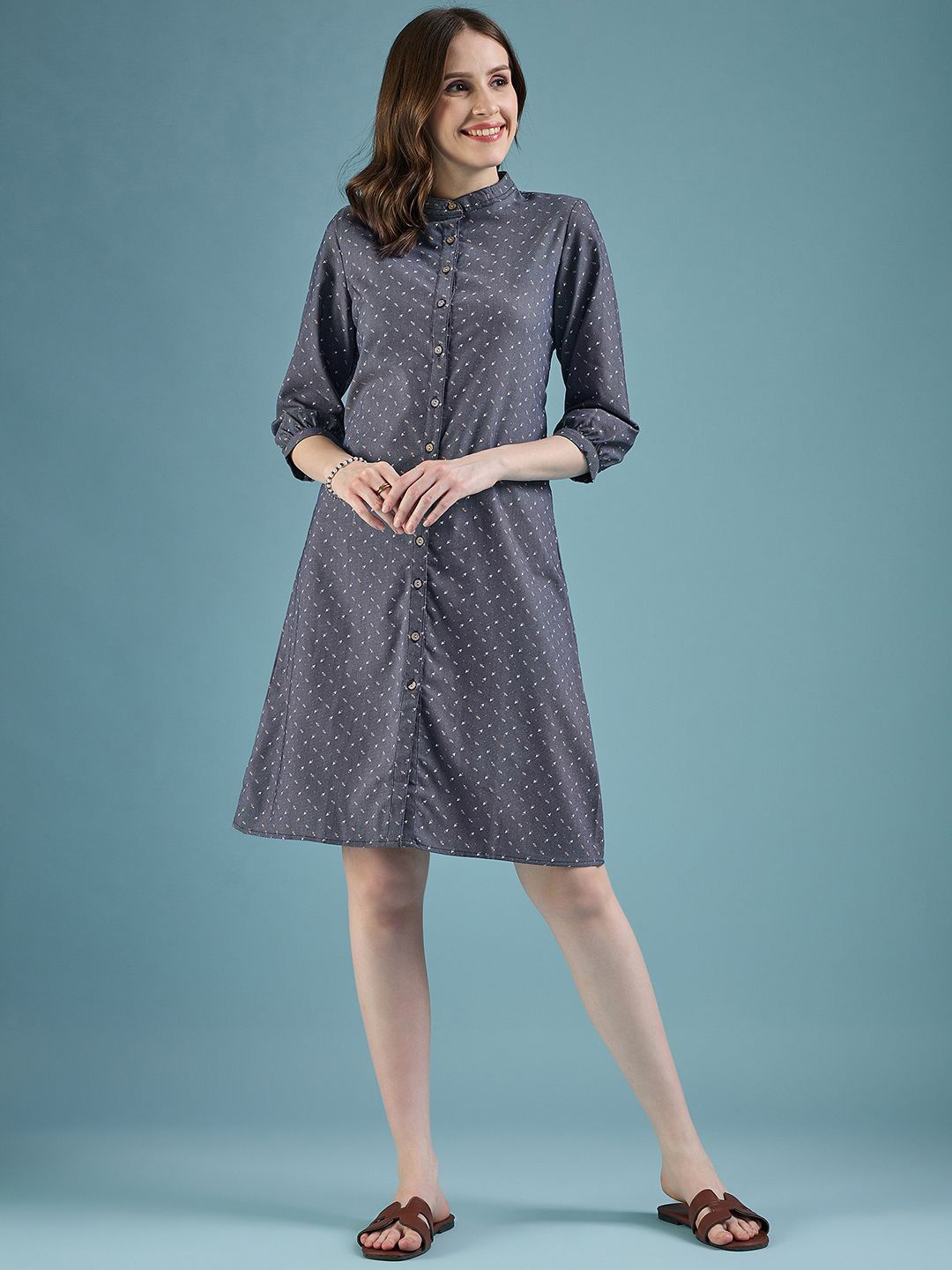 

DressBerry Button Down Band Collar Dress, Blue