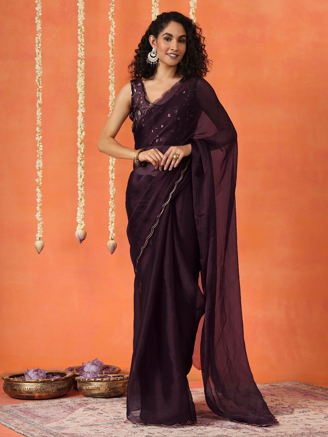 

Tikhi Imli Sequinned Satin Saree, Burgundy