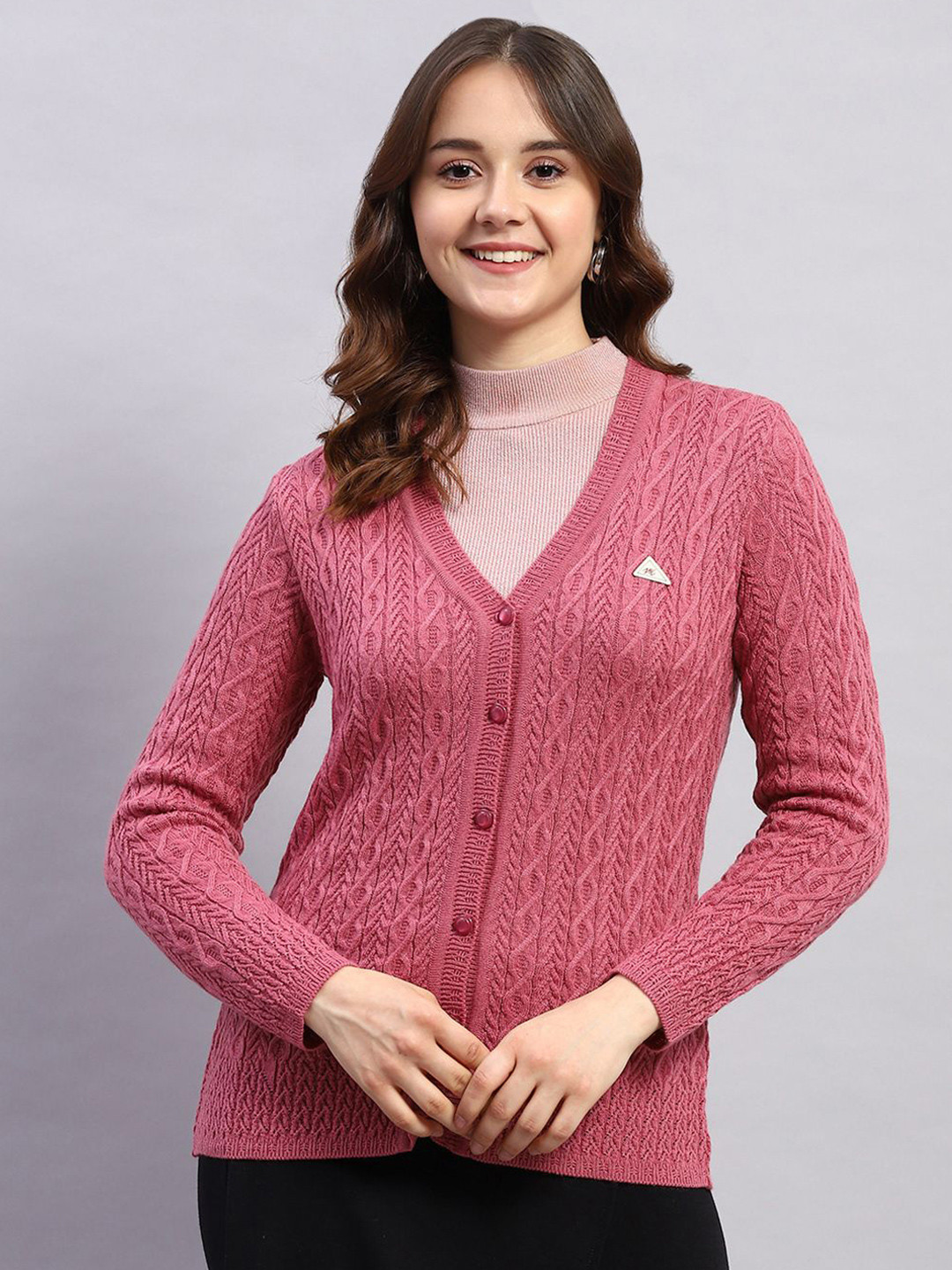 

Monte Carlo Women Cable Knit Woollen Cardigan, Pink
