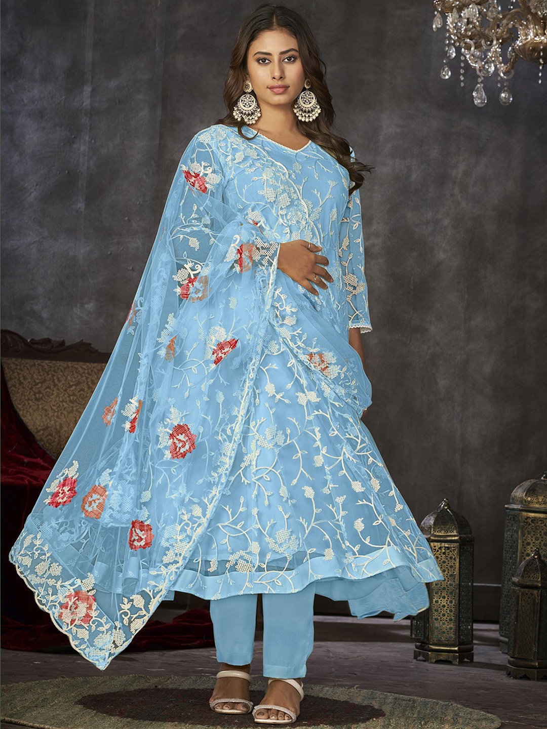 

Warthy Ent Floral Embroidered Net Semi-Stitched Dress Material, Blue