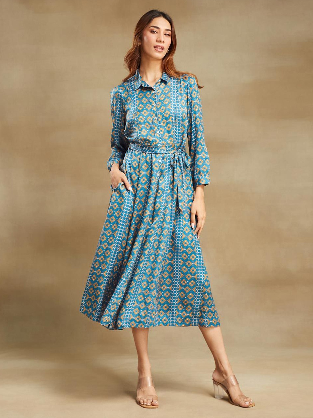 

Fabindia Printed Belted A-Line Midi Dress, Blue
