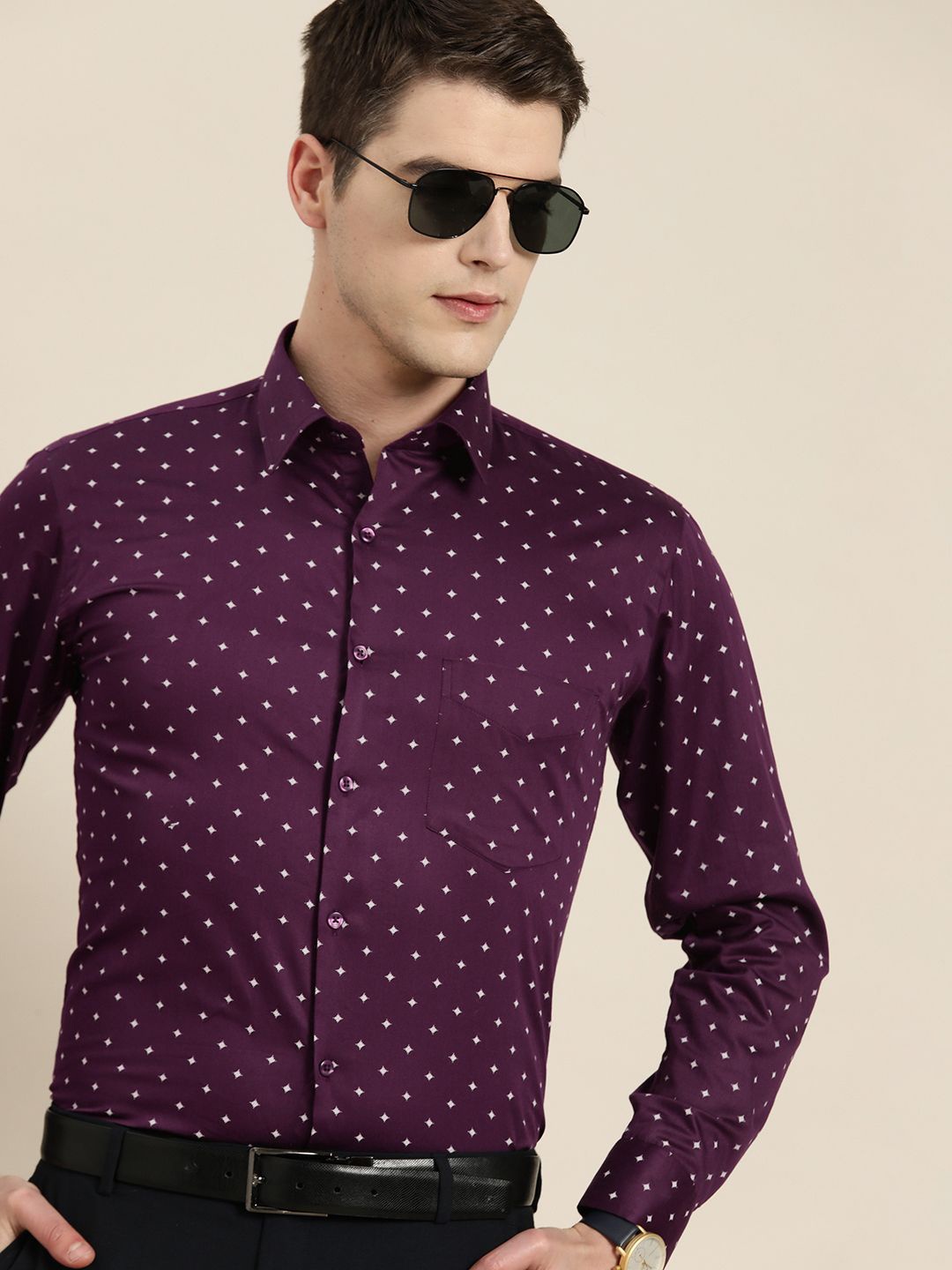 

Hancock Men New Spread Collar Micro Ditsy Printed Cotton Slim Fit Party Shirt, Burgundy
