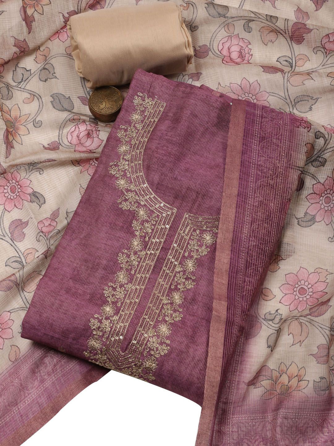 

Meena Bazaar Floral Embroidered Art Silk Unstitched Dress Material, Lavender