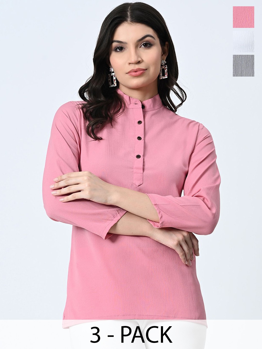 

BAESD Pack of 3 Mandarin Collar Crepe Straight Top, Pink