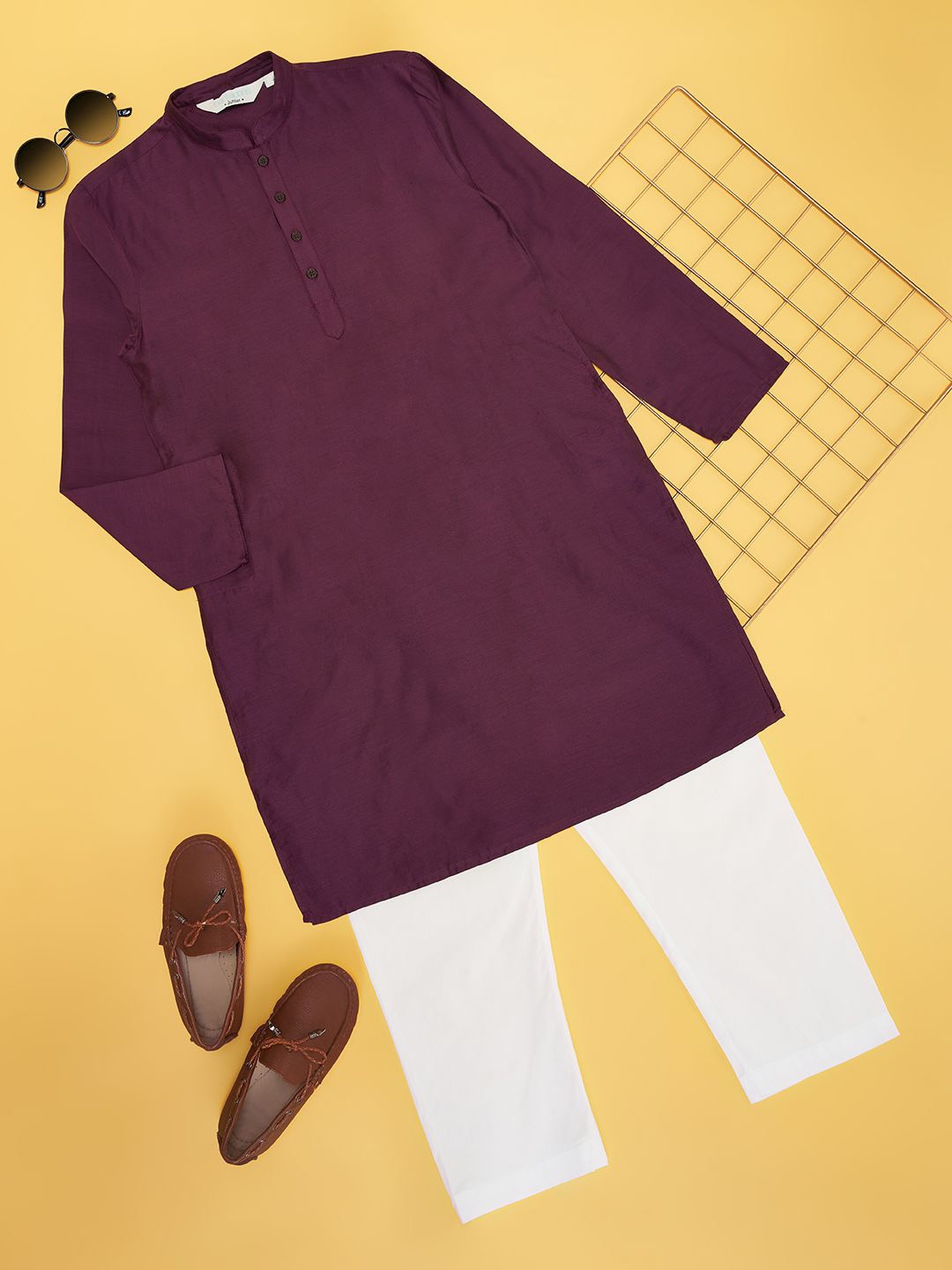 

indus route by Pantaloons Boys Mandarin Collar Straight Kurta With Pyjamas, Purple