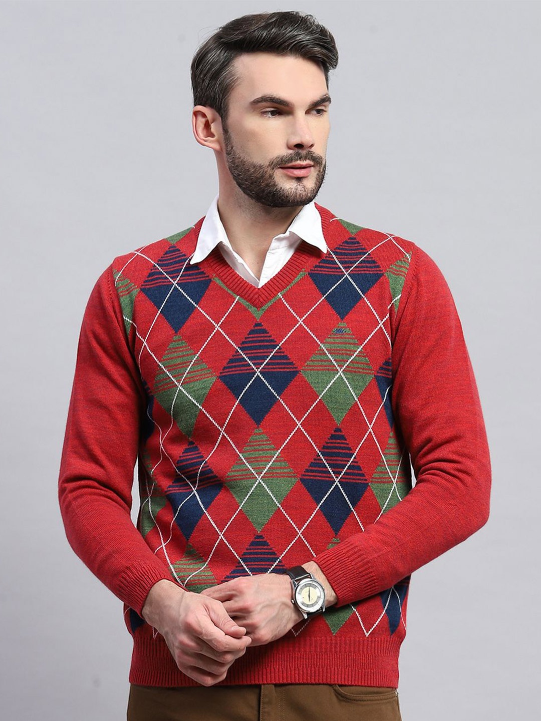 

Monte Carlo Men Checked Woollen Pullover, Red