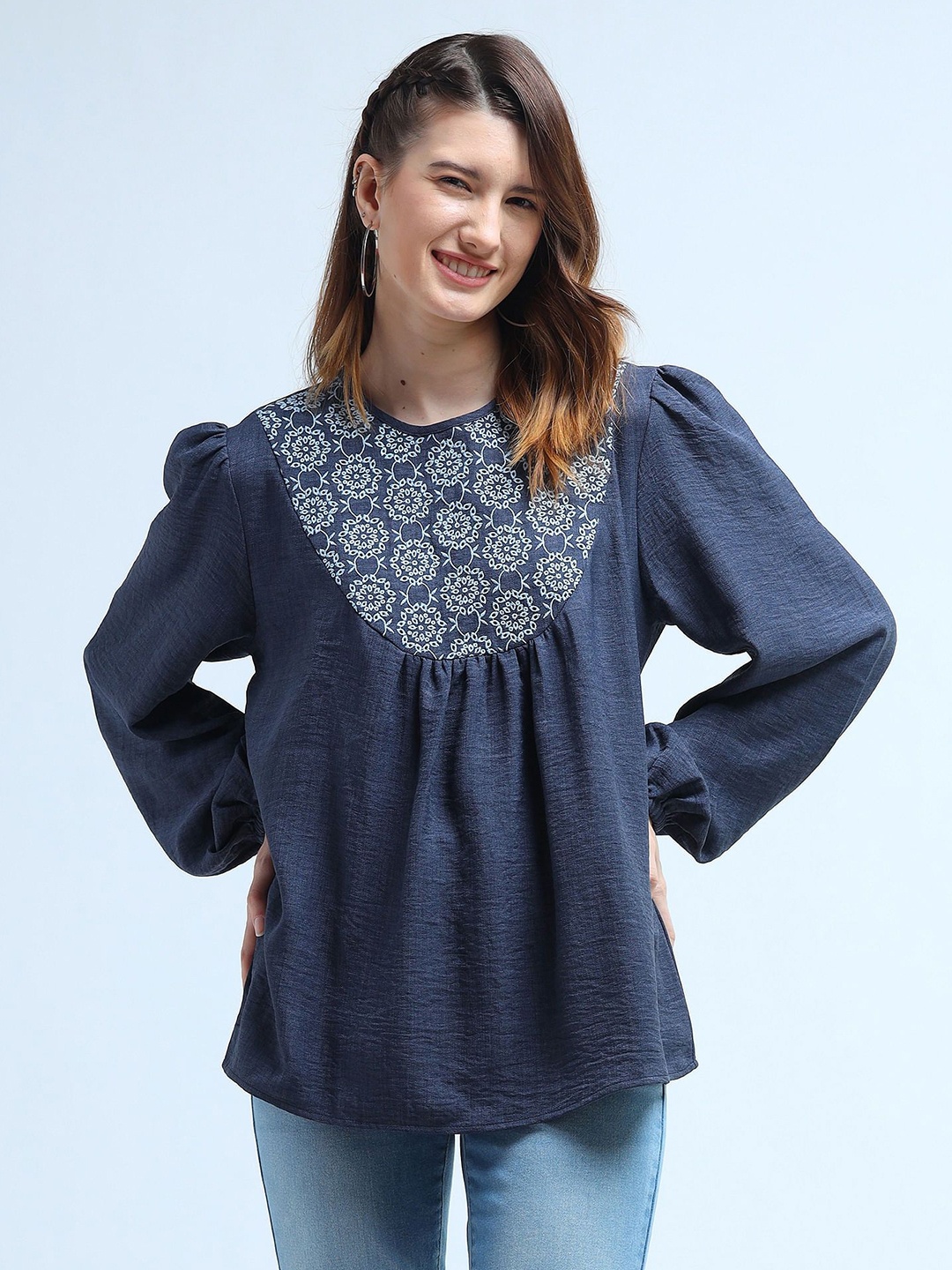 

U.S. Polo Assn. Women Floral Printed Embroidered Round Neck Top, Blue