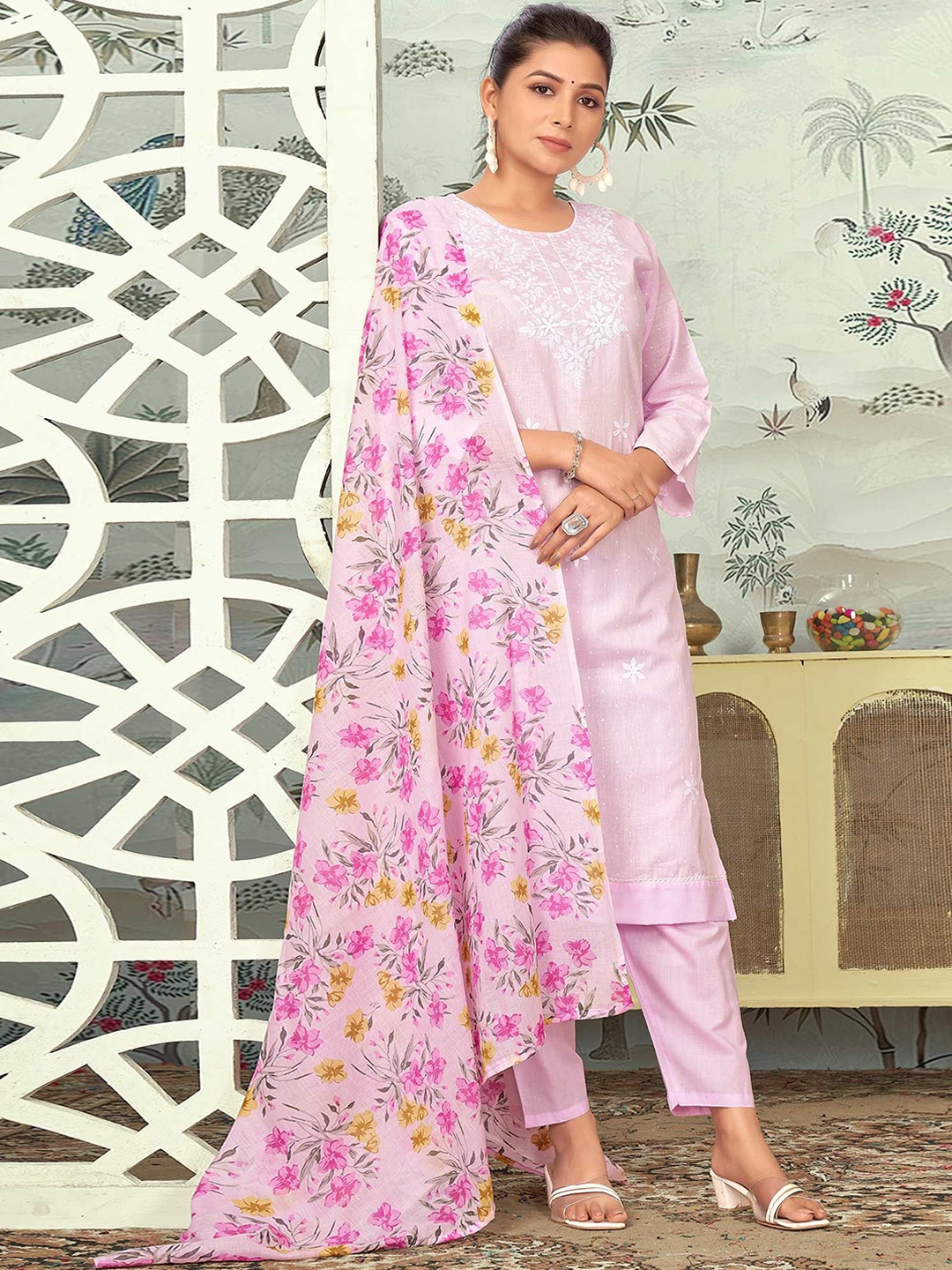 

Peachmode Floral Embroidered Thread Work Pure Cotton Kurta With Trousers & Dupatta, Pink