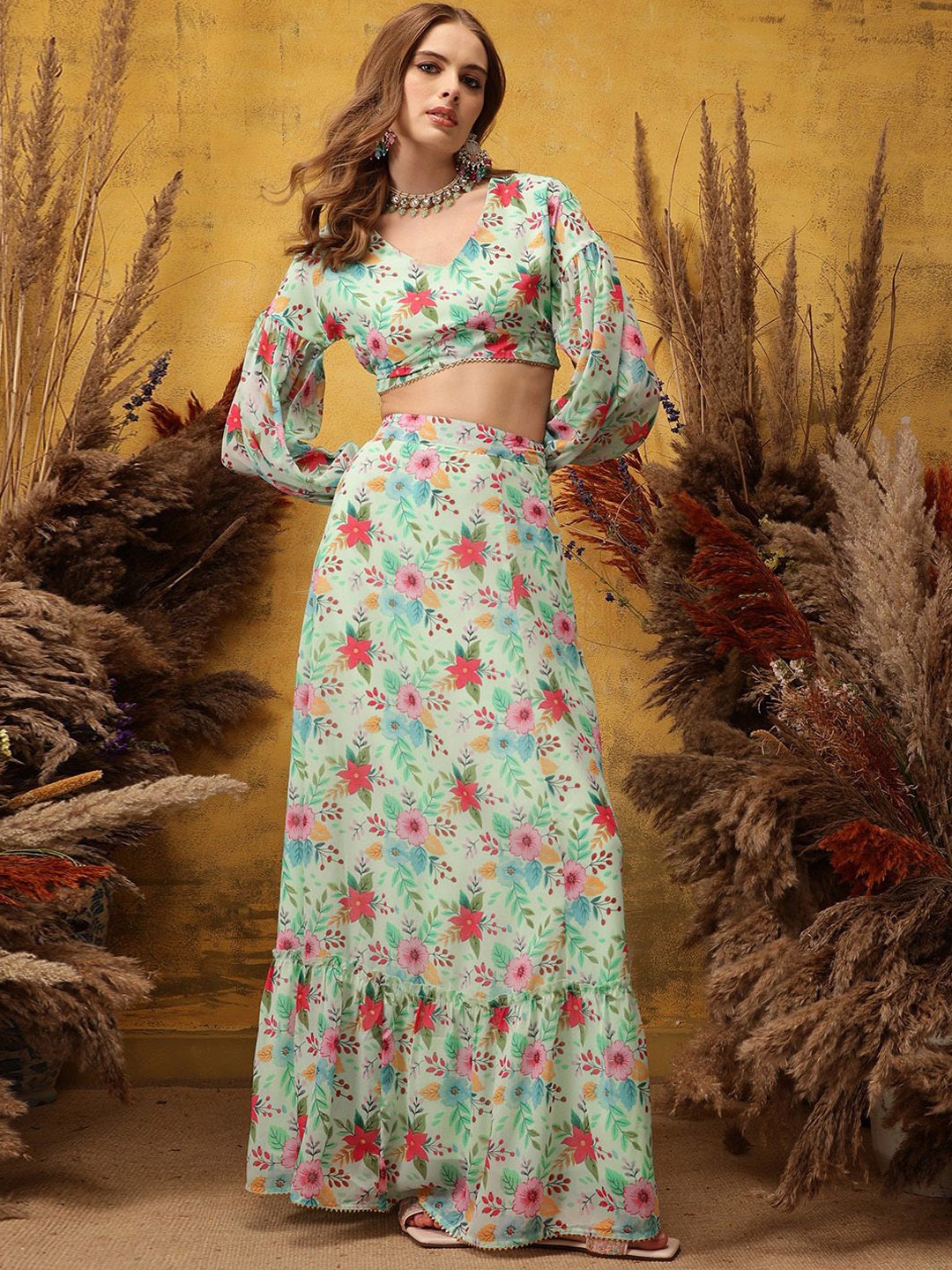 

indo street Floral Printed V-Neck Top & Skirt, Turquoise blue