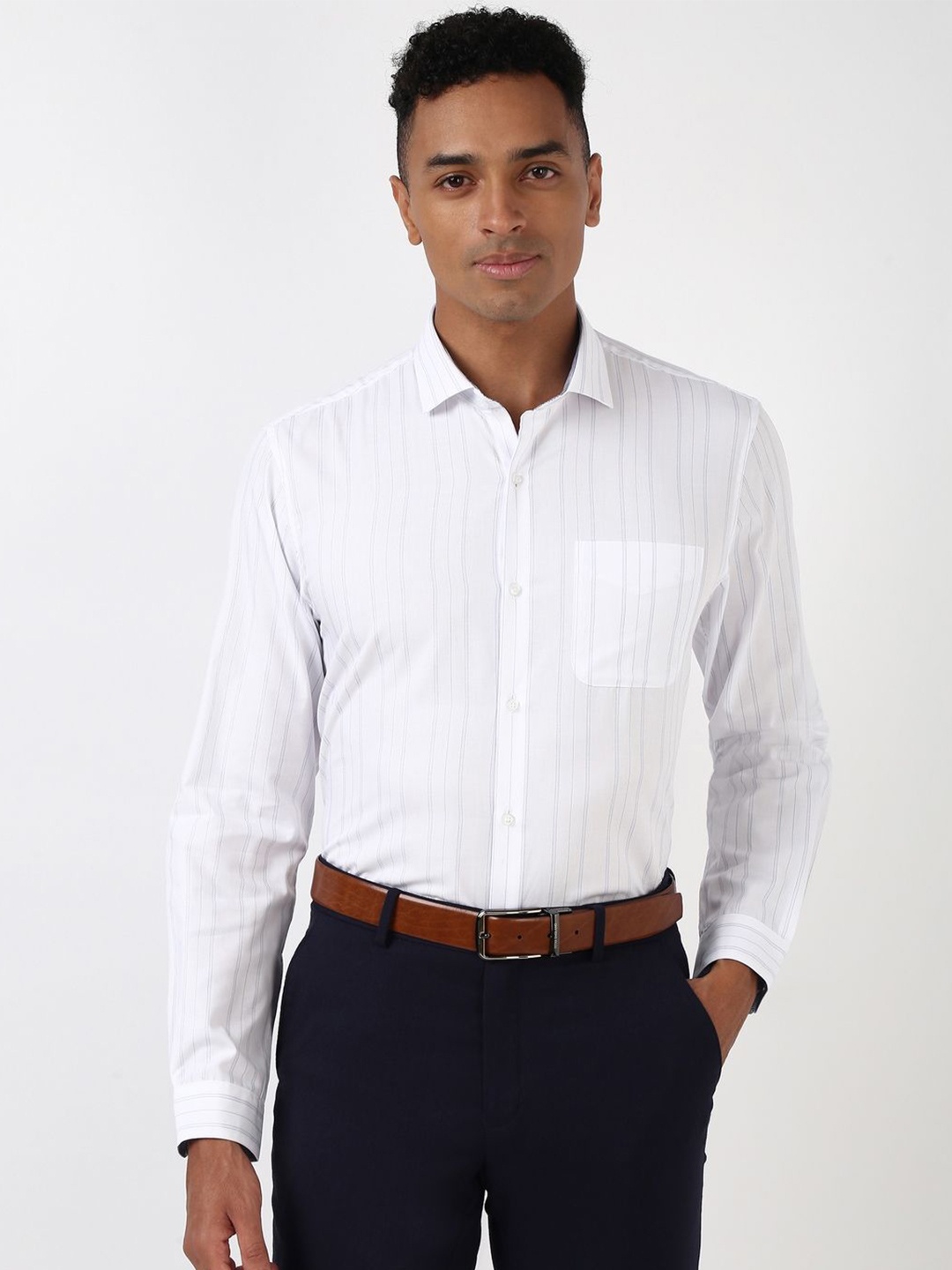 

Peter England Men Spread Collar Striped Polycotton Slim Fit Formal Shirt, White