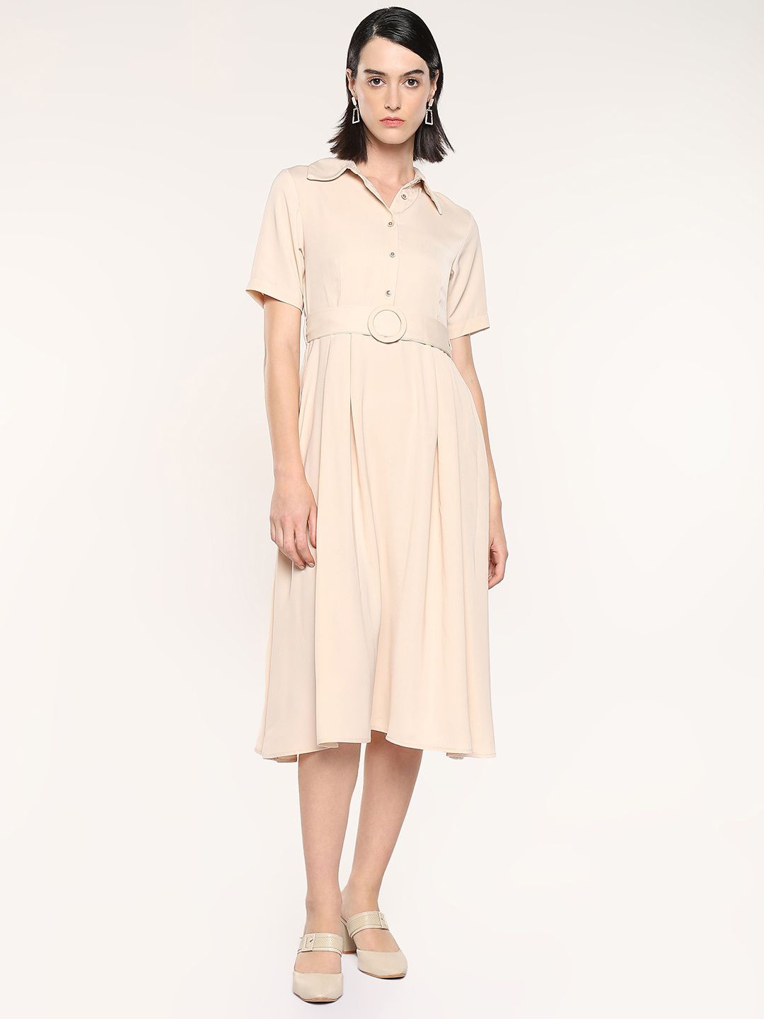 

RAREISM Women Shirt Collar A-Line Midi Dress, Beige