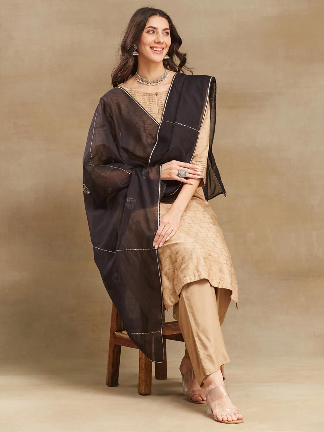 

Fabindia Cotton Silk Embroidered Dupatta, Black