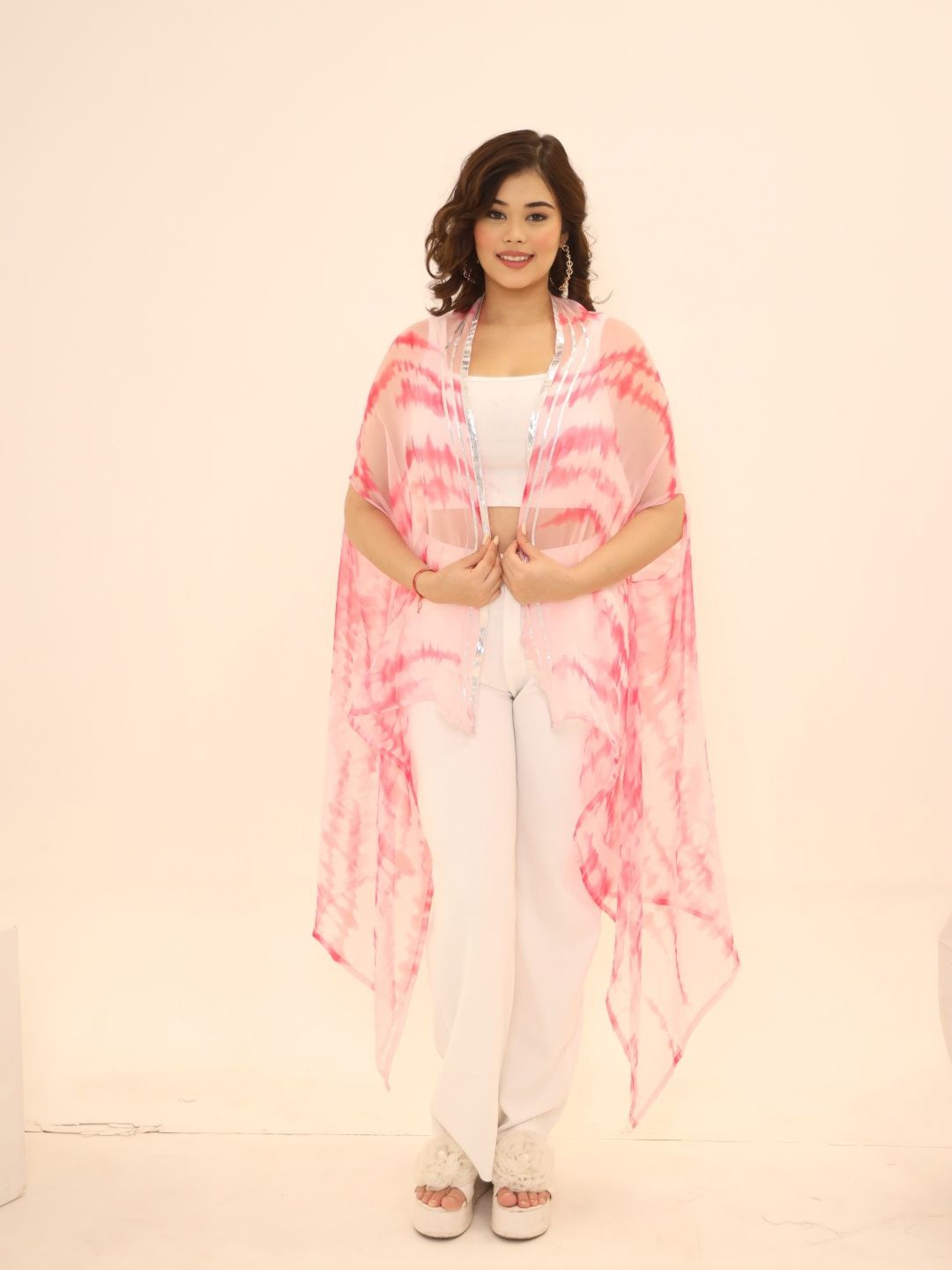 

Swadeshi Shringaar Printed Open Front Longline Shrug, Pink
