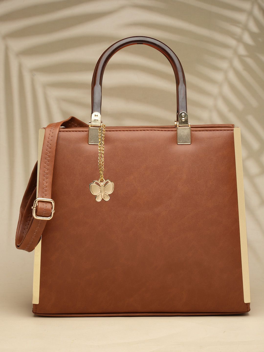 

Butterflies PU Structured Handheld Bag with Applique, Tan