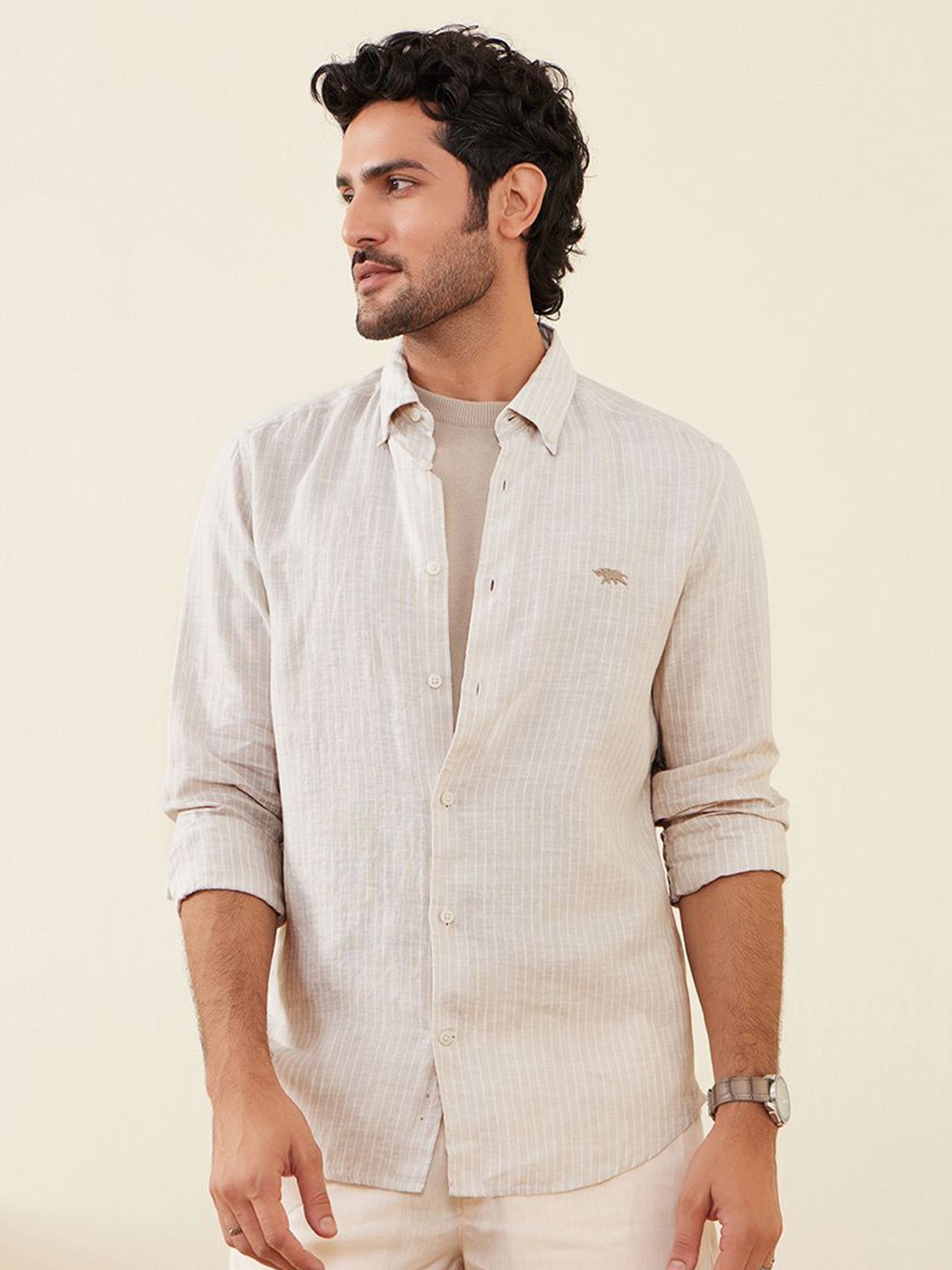 

Andamen Casual Men Striped Button-Down Collar Slim Fit Casual Shirt, Beige