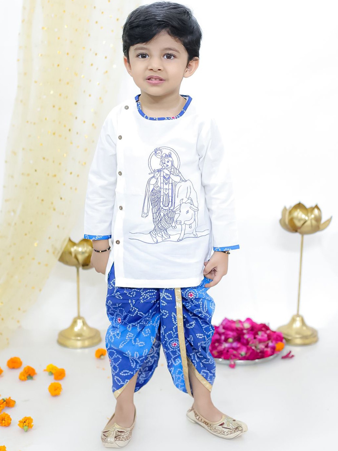 

KID1 Boys Nandlala Krishna Printed Thread Work Pure Cotton Angrakha Kurta with Dhoti Pants, White