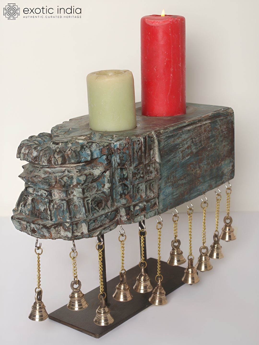 

Exotic India 15" Designer Wooden Candle Holder on Iron Stand with Dangling Brass Bells, Blue