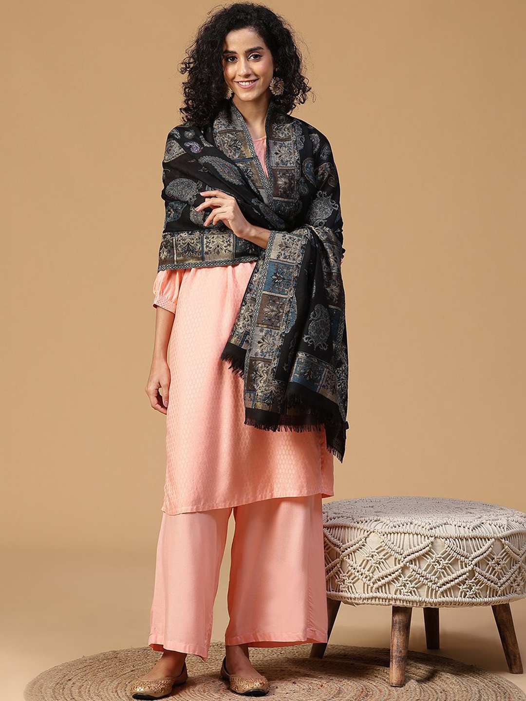

SHINGORA Women Ethnic Motifs Woven Design Shawl, Black