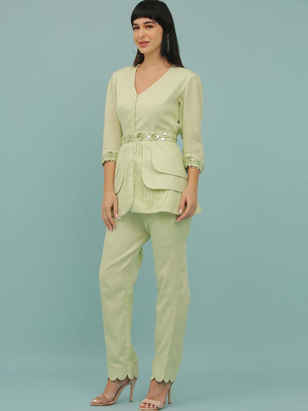

Sejal Kamdar Embellished V-Neck Pleated Detailing Party Top With Trousers, Green