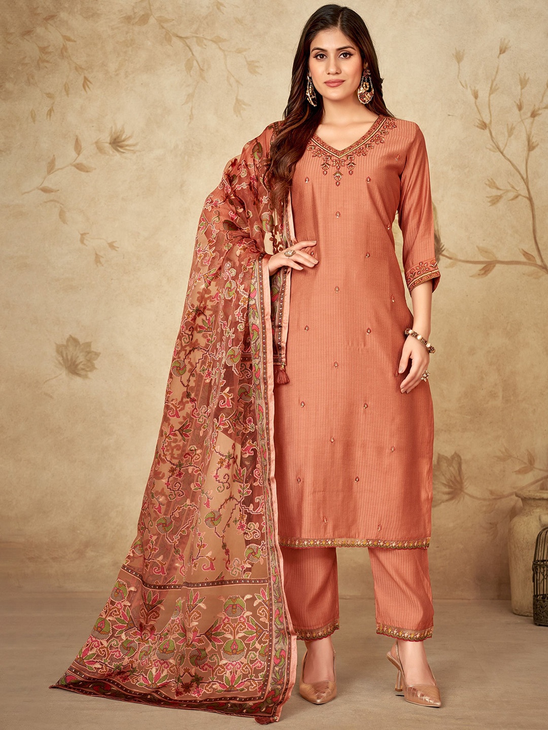 

MITTOO Floral Embroidered Regular Sequinned Kurta with Trousers & Dupatta, Orange