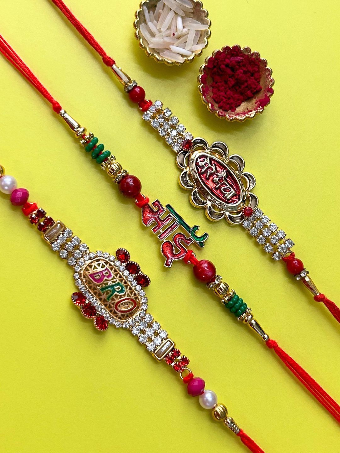 

LAIDA Set Of 3 Bro Bhai And Mere Bhaiya Stone Studded Thread Rakhi, Red