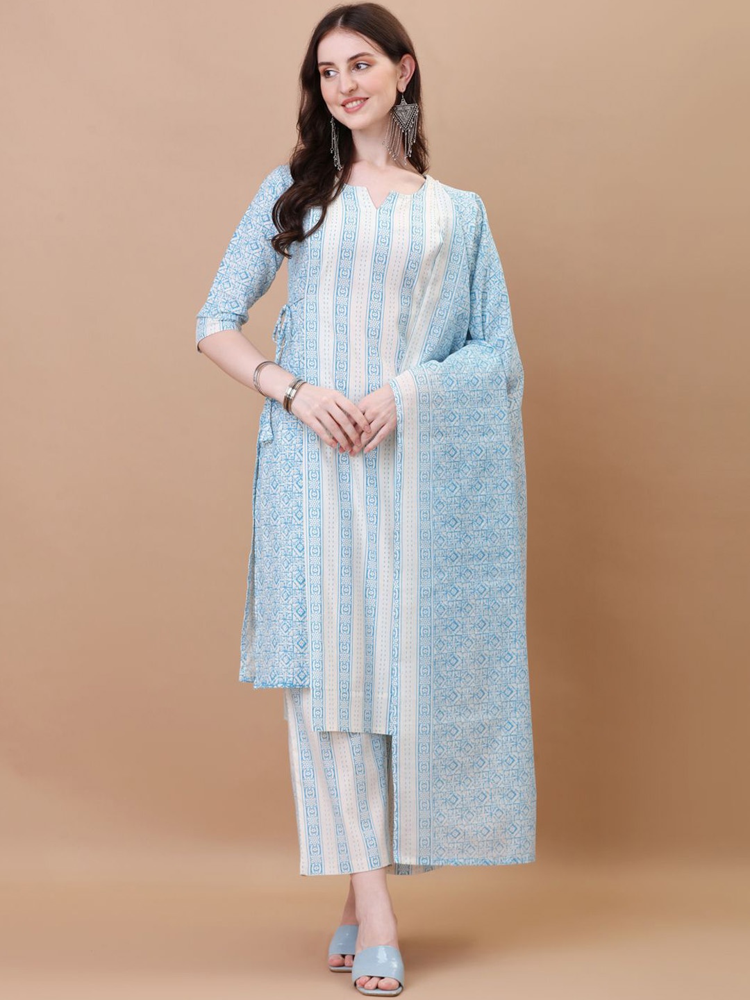 

Growdamy Ethnic Motifs Printed Pure Cotton Straight Kurta With Trousers & Dupatta, Blue