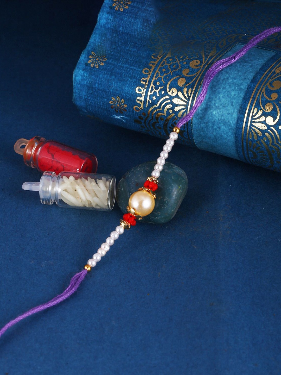 

Vighnaharta Kids Set of 3 Gold and Rhodium Plated Fancy Pearls Beaded Thread Rakhis, Red