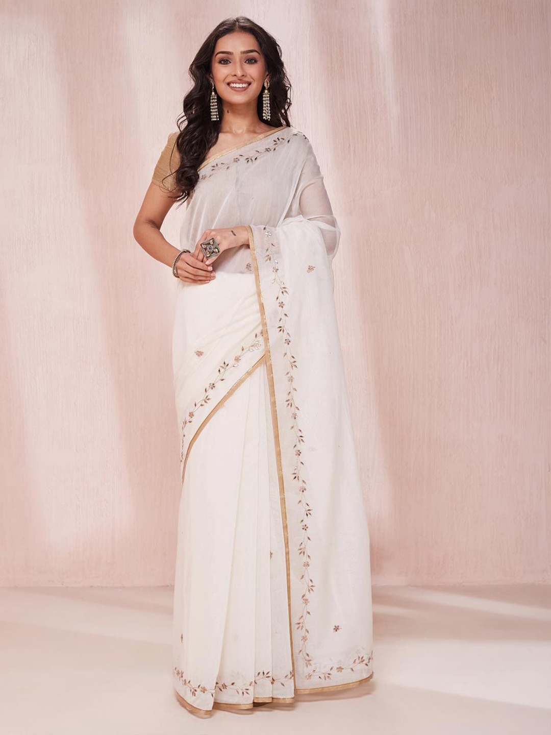 

Fabindia Floral Embroidered Zari Ready to Wear Saree, Off white