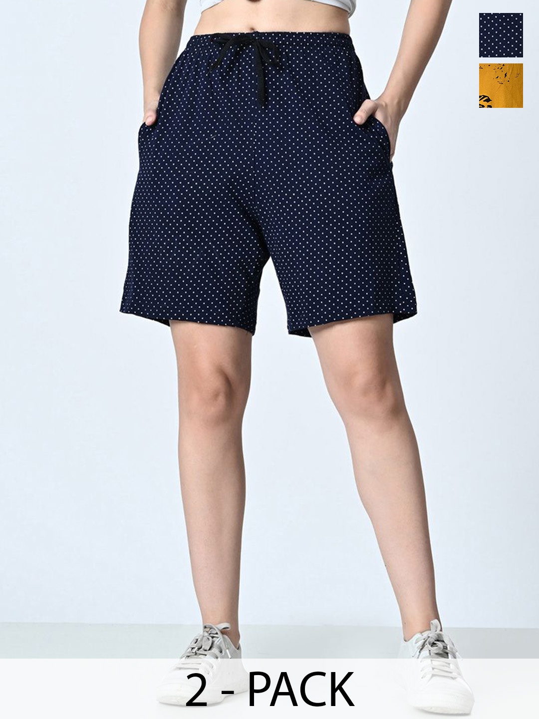 

BAESD Women Pack Of 2 Cotton Printed High-Rise Shorts, Navy blue