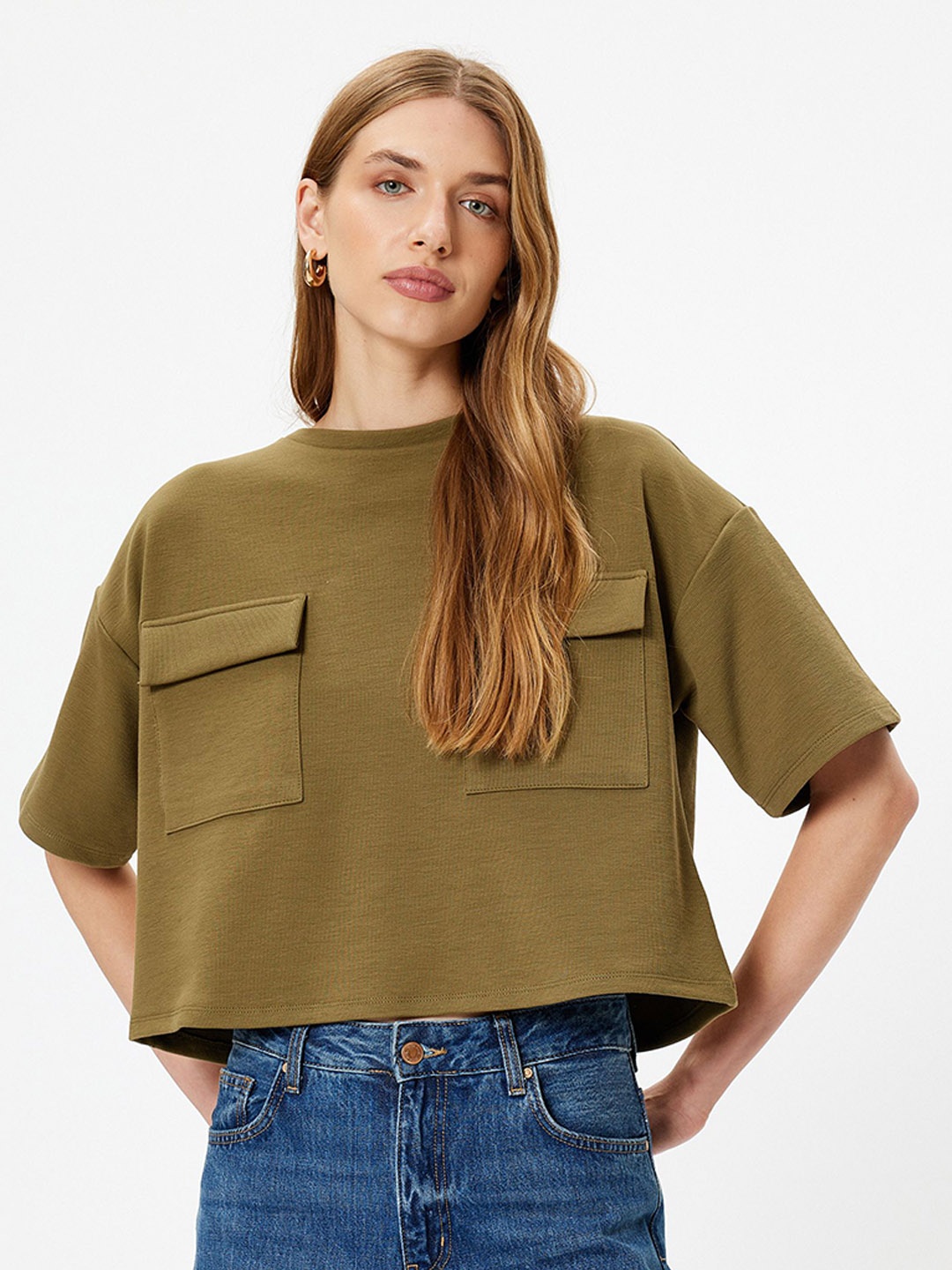 

Koton Women Solid Round Neck Oversized T-Shirt, Green