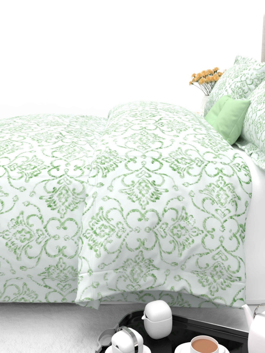 

THE WHITE MOSS Green & White Ethnic Motifs 600 TC King Bedsheet with 2 Pillow Covers