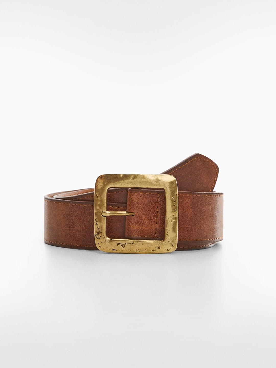 

MANGO Women Textured Wide Belt With Square Metallic Buckle, Brown