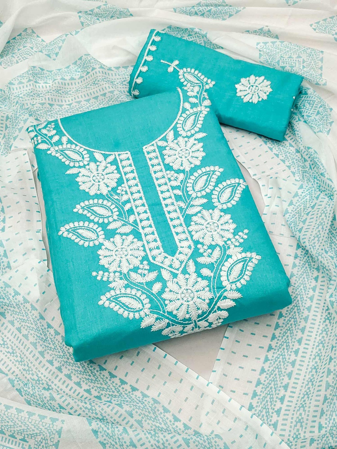 

Peachmode Embroidered Pure Cotton Unstitched Dress Material, Blue