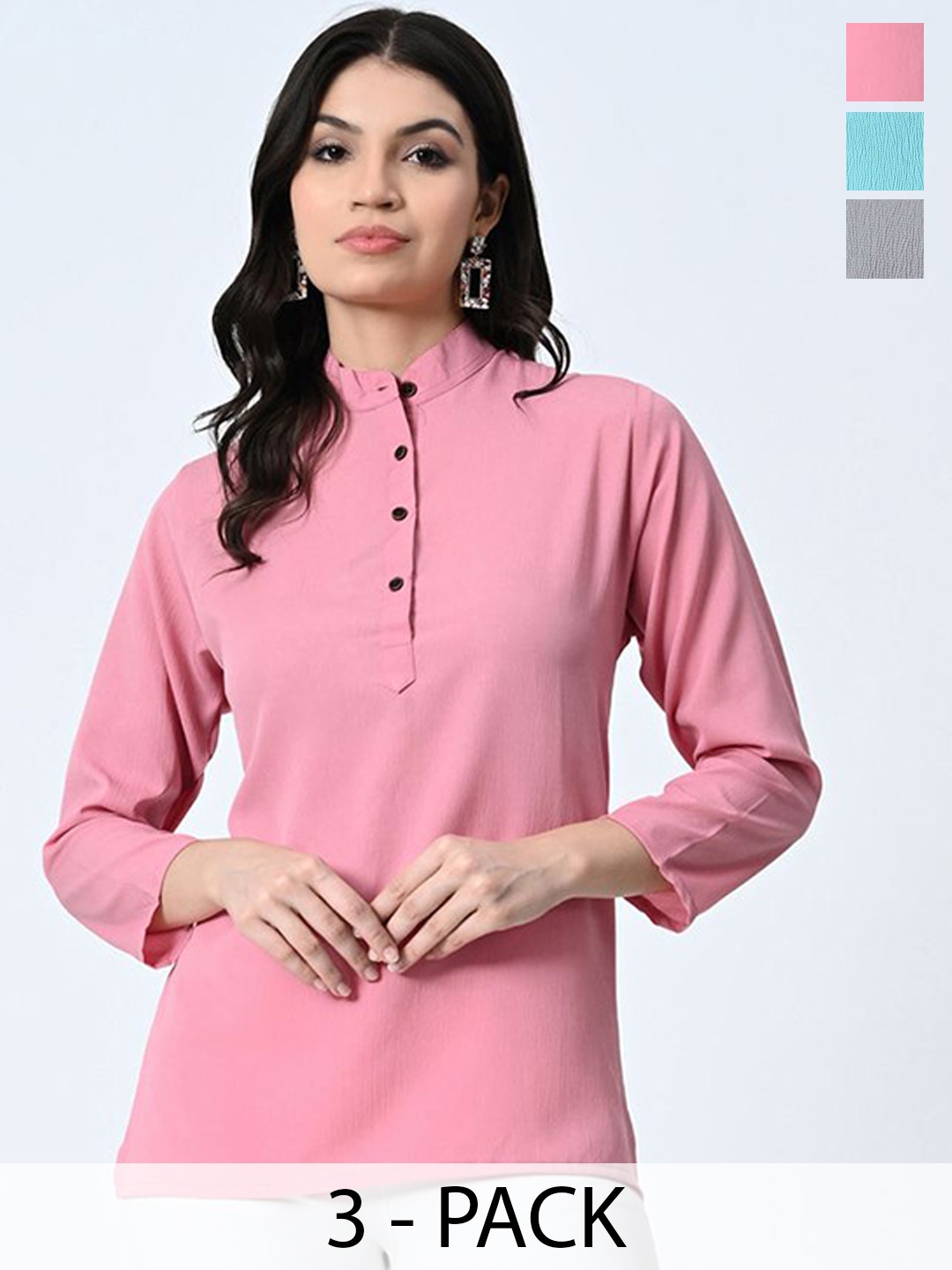 

BAESD Pack Of 3 Self Design Mandarin Collar Crepe Tops, Pink