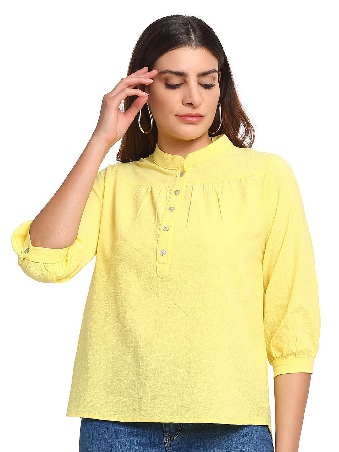 

Global Republic Women Solid Mandarin Collar Cotton Top, Yellow