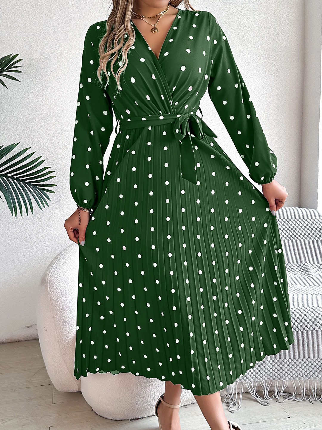 

StyleCast x Revolte Polka Dot Printed Wrap Midi Dress, Green