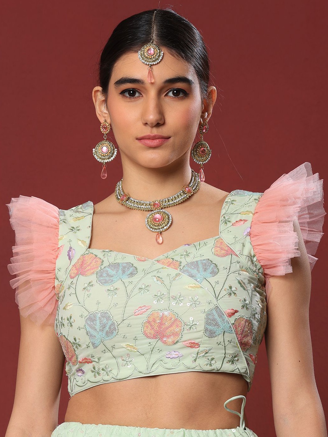 

Ethnovog Embroidered Sleeveless Saree Blouse, Green
