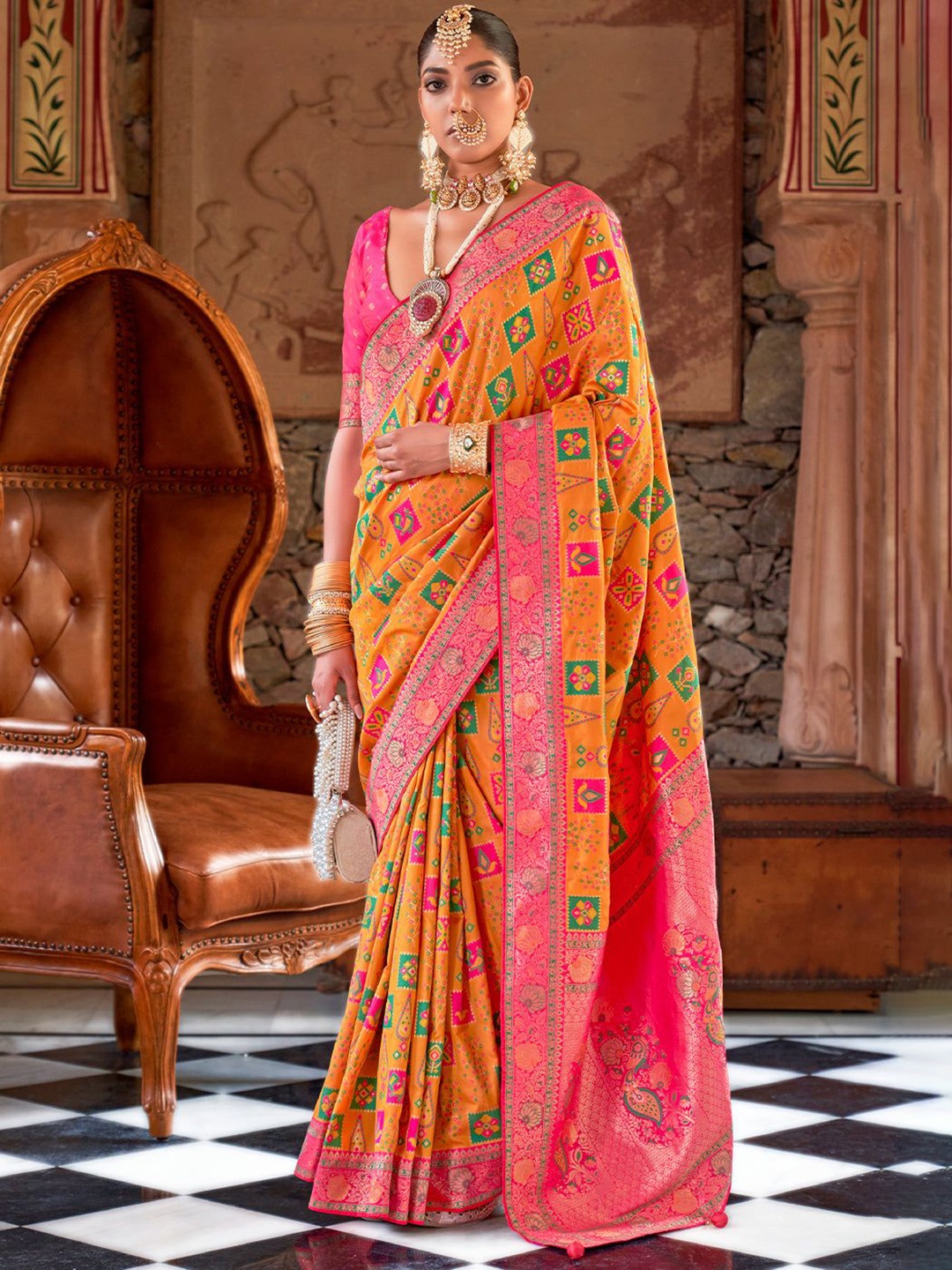 

MySilkLove Woven Design Zari Silk Blend Patola Saree, Orange