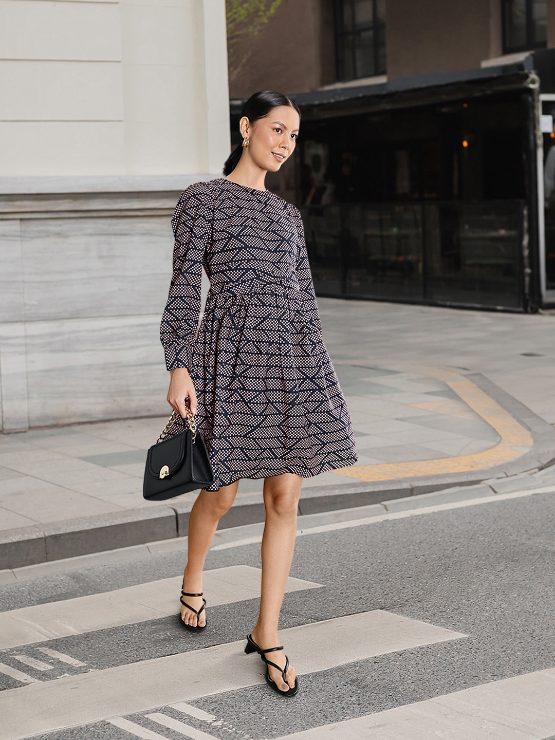 

Chemistry Geometric Printed Bow Detail Puff Sleeves A-Line Mini Dress, Black