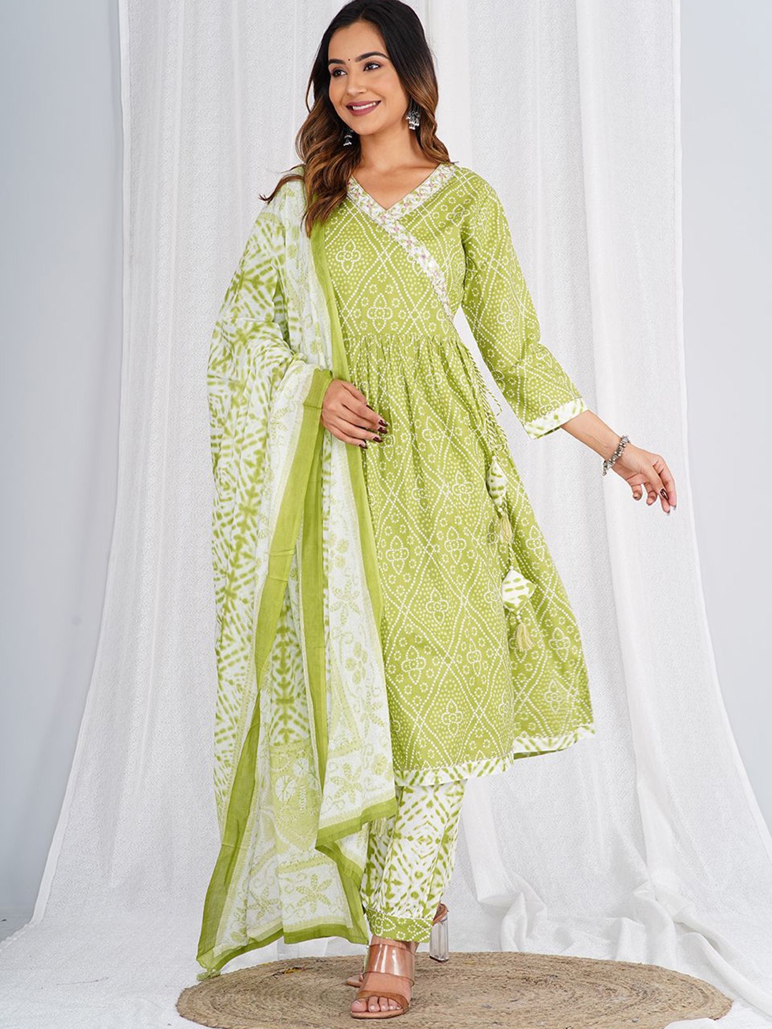 

KALINI Bandhani Printed Angrakha Pure Cotton A-Line Kurta With Harem Pants & Dupatta, Green