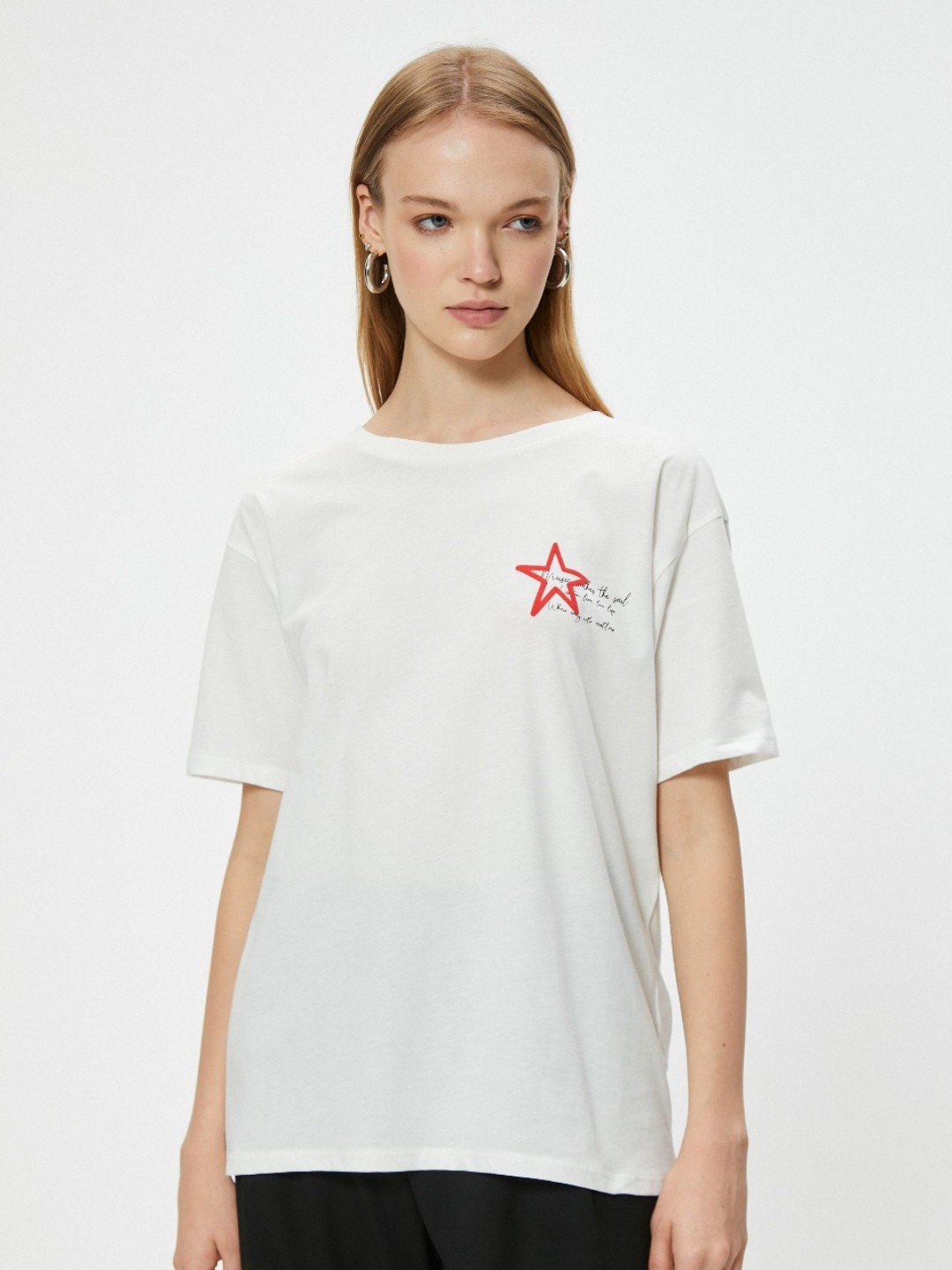 

Koton Women Graphic Printed Round Neck Cotton Oversized T-Shirt, Off white