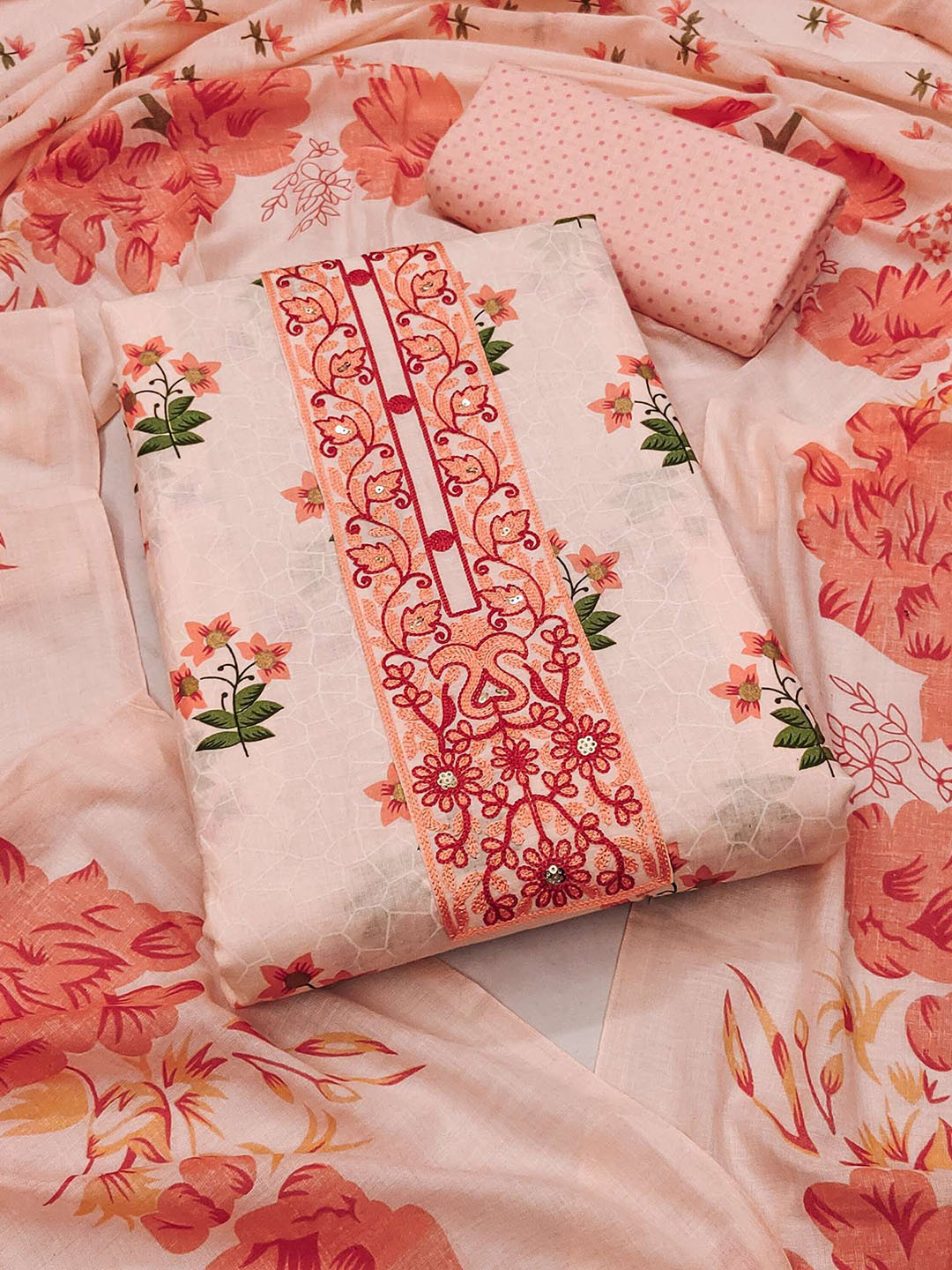 

Peachmode Sequinned Floral Printed Pure Cotton Unstitched Dress Material, Peach
