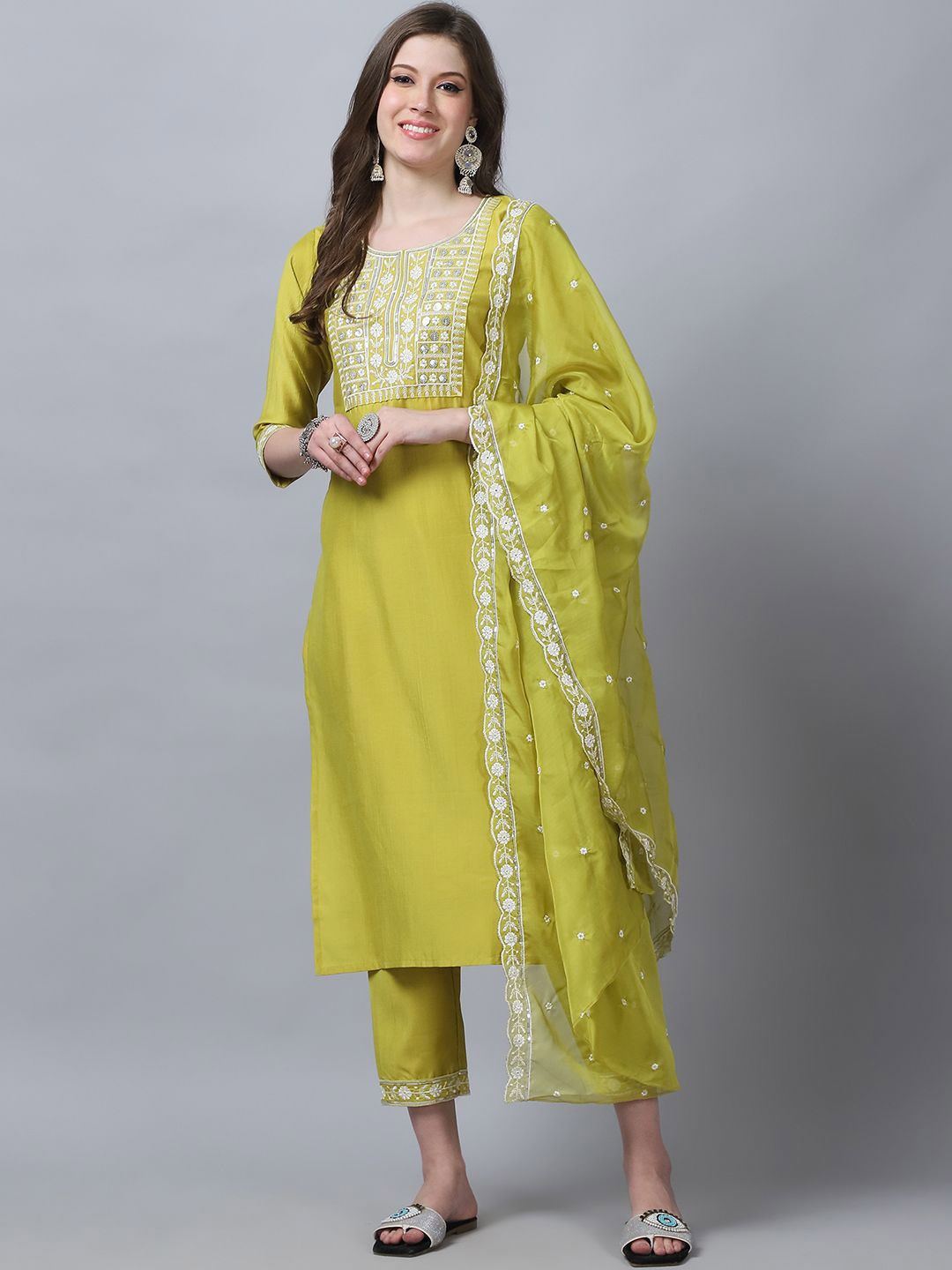 

KALINI Women Ethnic Motifs Yoke Design Pure Silk Straight Kurta with Trousers & Dupatta, Yellow