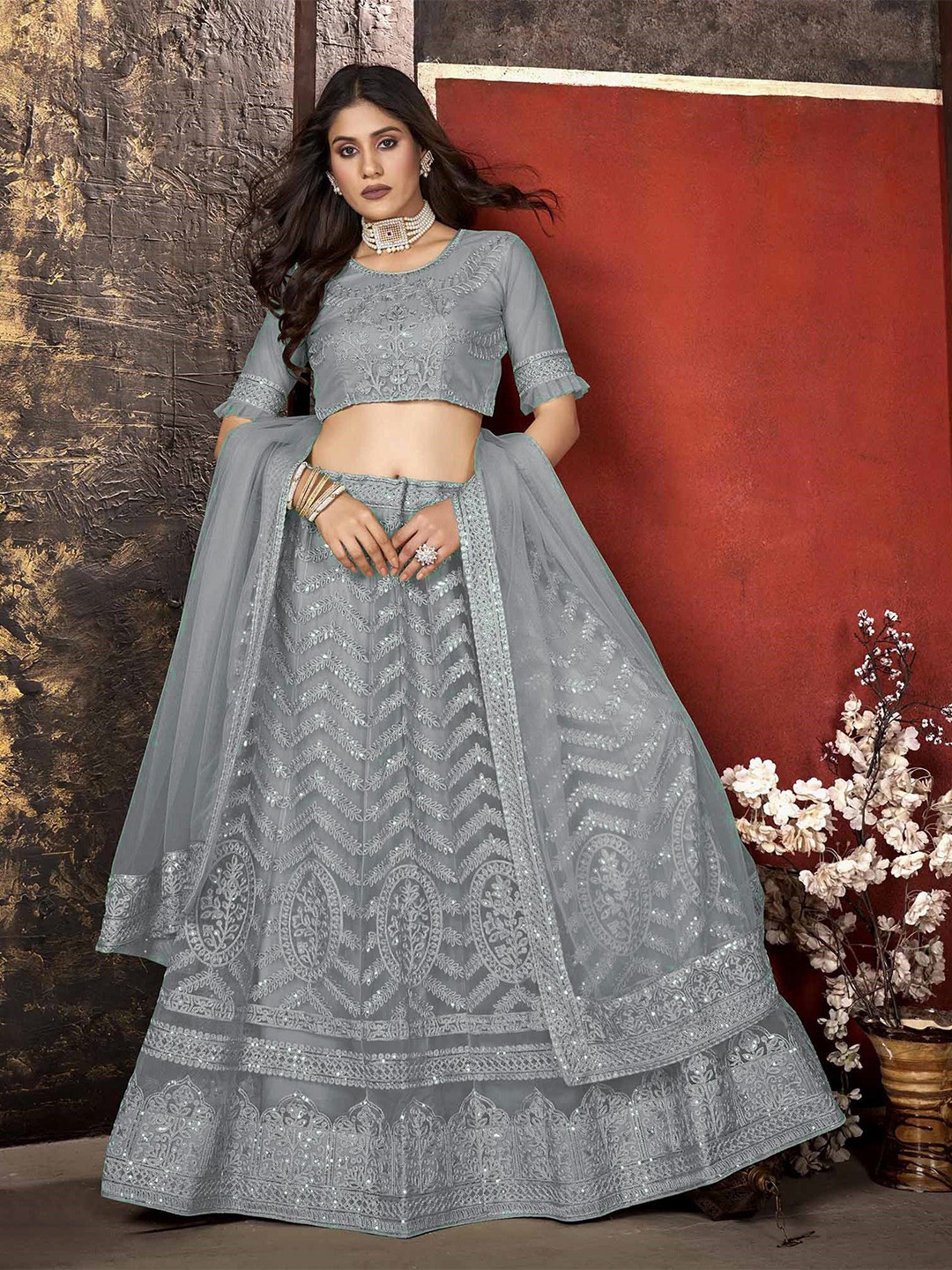 

Cute fellow Embroidered Thread Work Semi-Stitched Lehenga & Unstitched Blouse With Dupatta, Grey